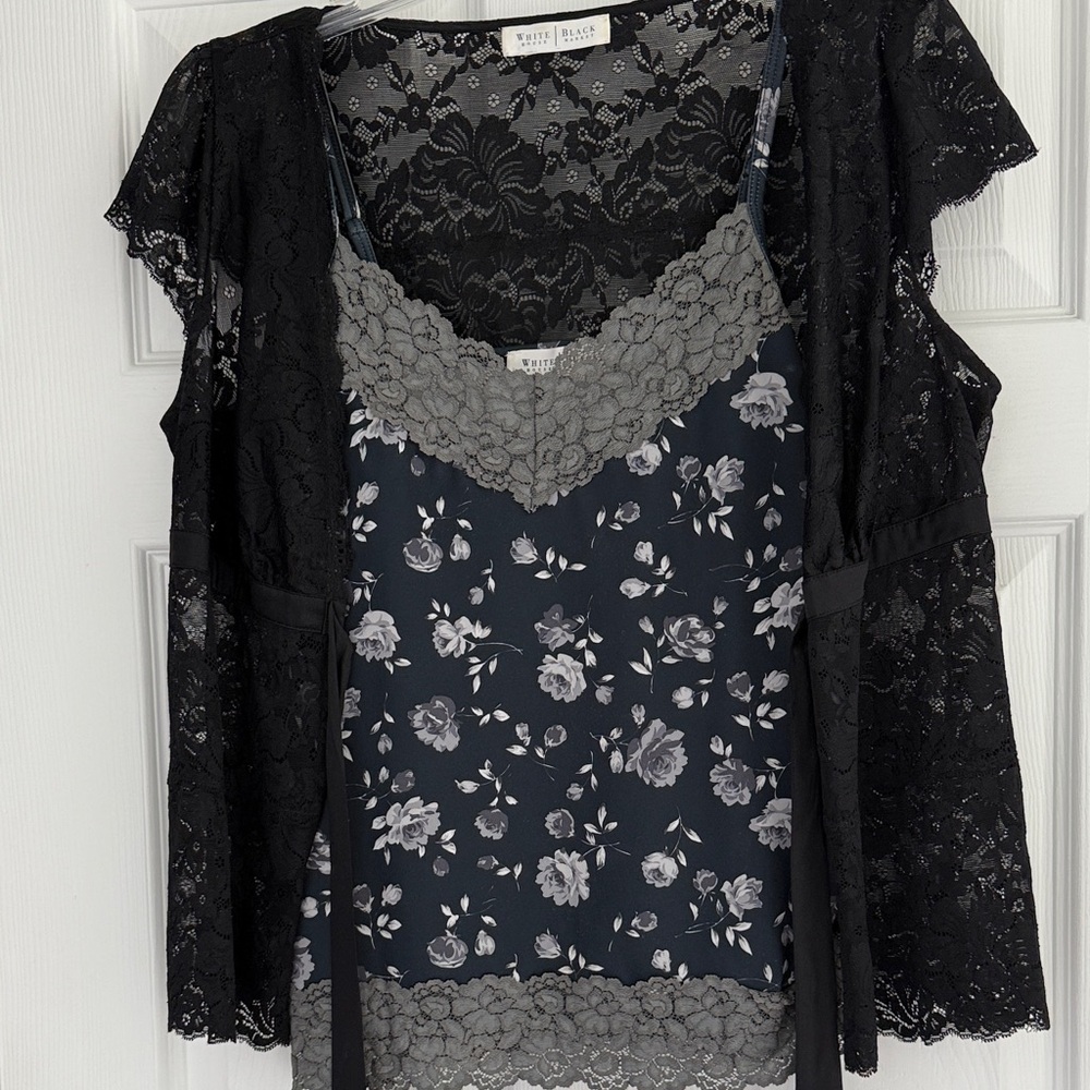 White House Black Market Black and Gray Lace Floral Blouse